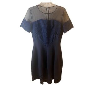 Blumarine Navy Blue Embroidered Evening Dress Sheer Neck IT 46 DE 40